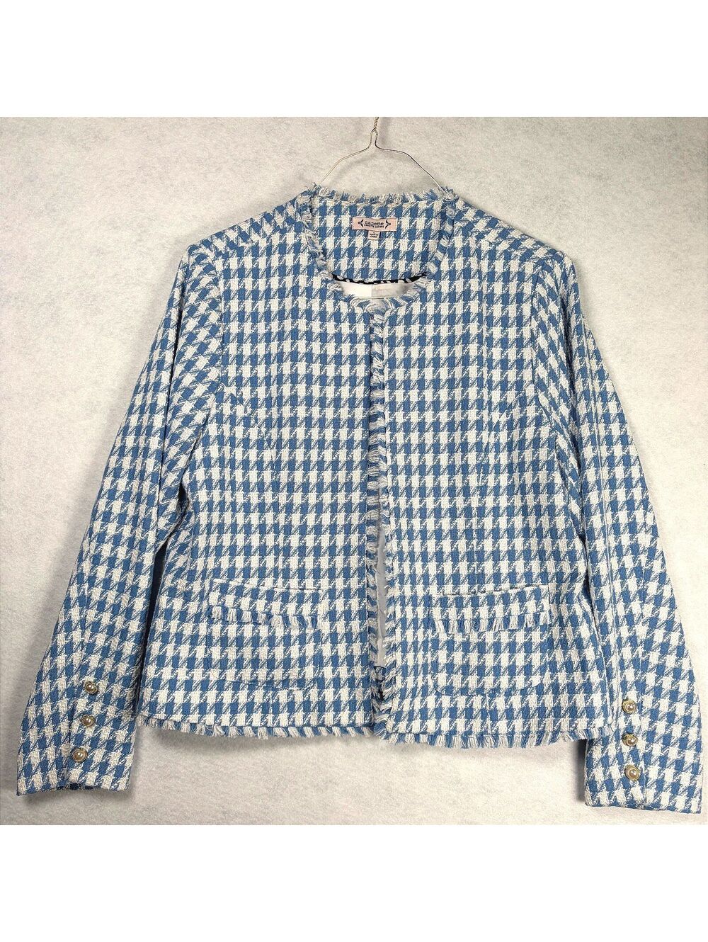 Nanette Lepore Blue and White Houndstooth Tweed Jacket with Pearl Buttons